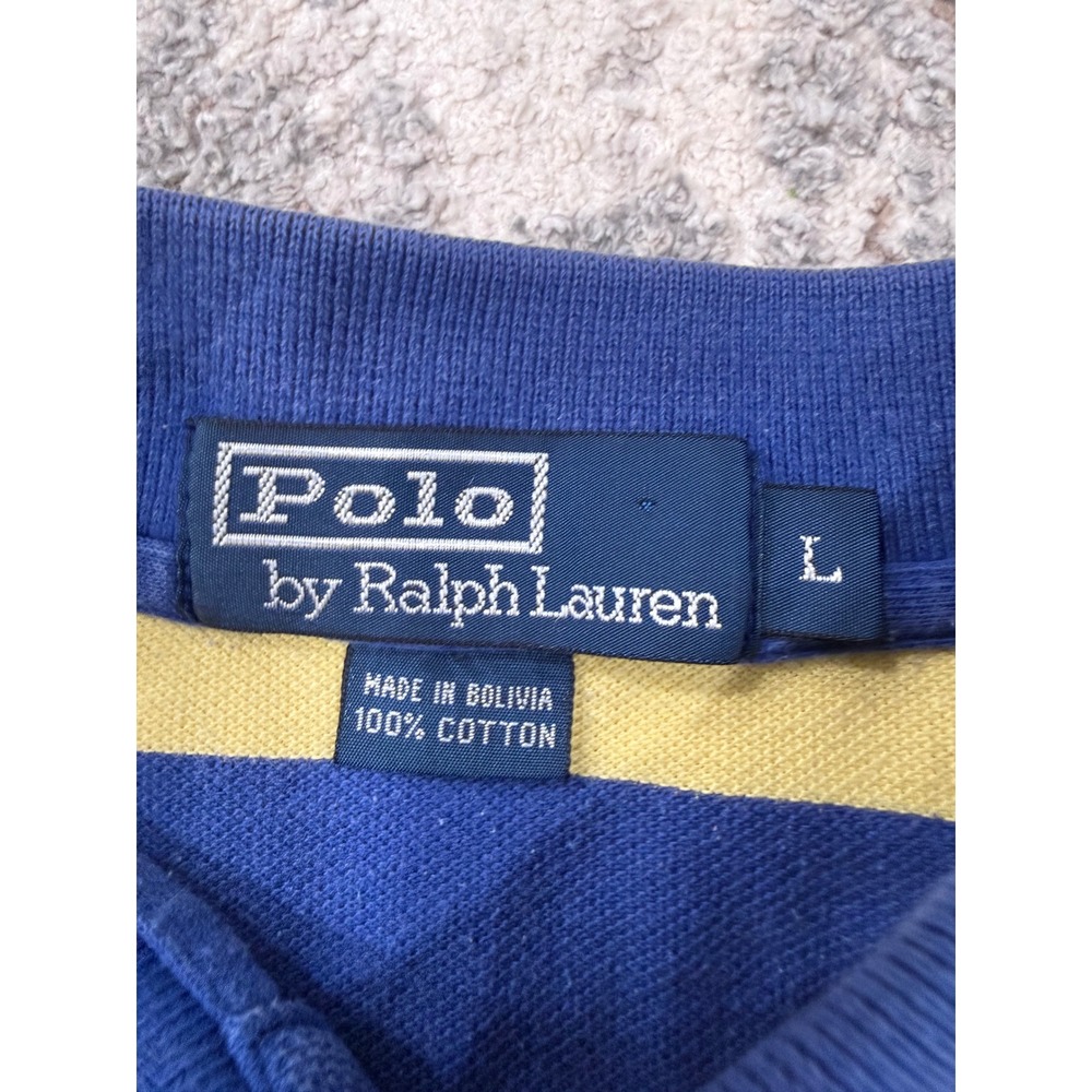 VTG Polo Ralph Lauren Mens‎ Large Blue Yellow Striped Short Sleeve Cotton Polo - Picture 3 of 7